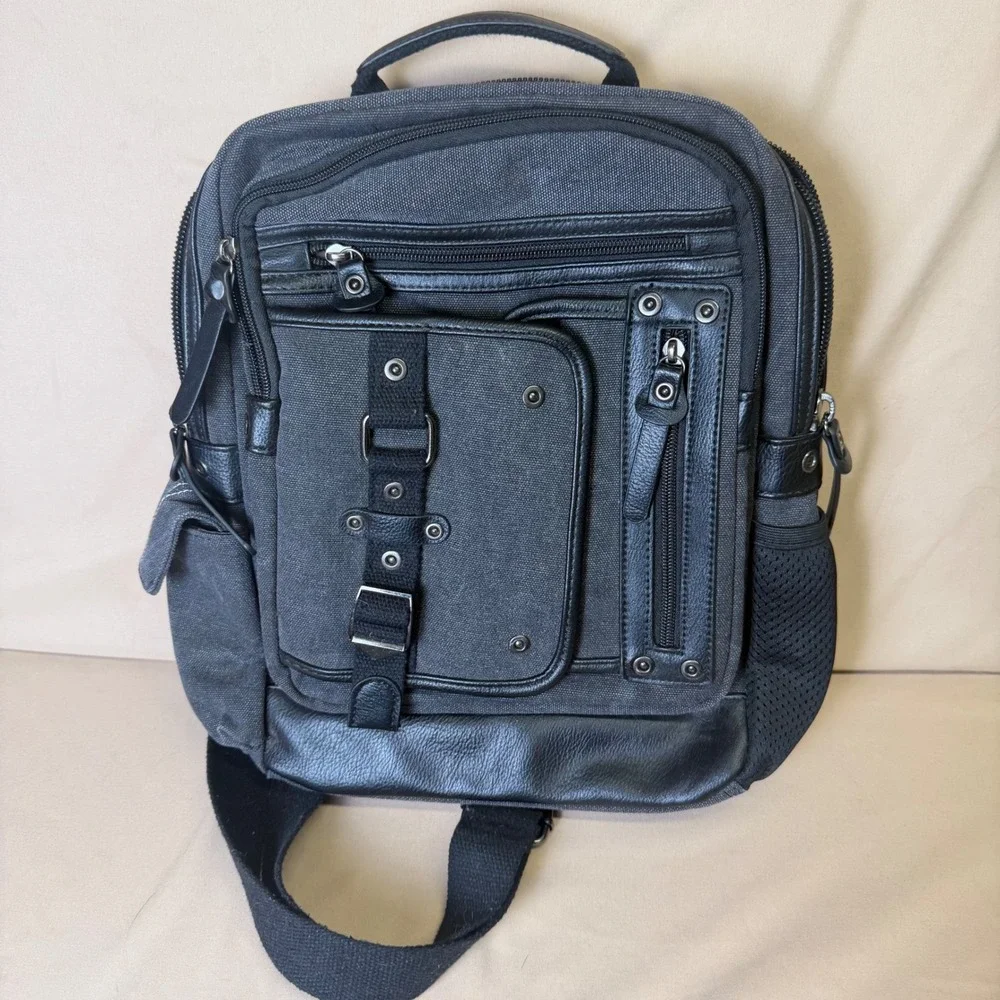 Black Canvas Tactical Messenger Sling Bag Crossbody Multi-Pocket Utility Pack
